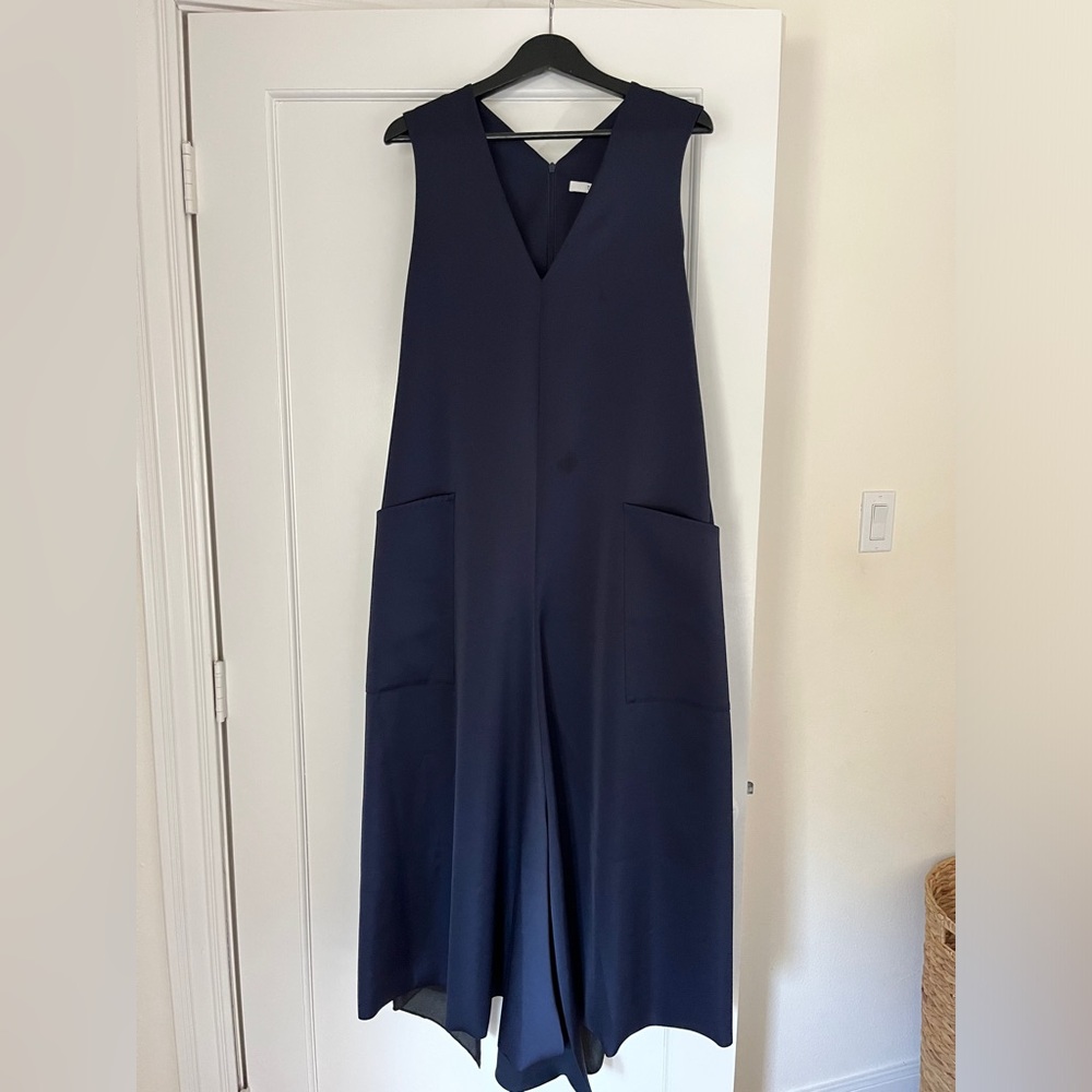 Tibi Navy satin midi cocktail dress with hankercheif hem and peekaboo bra 8